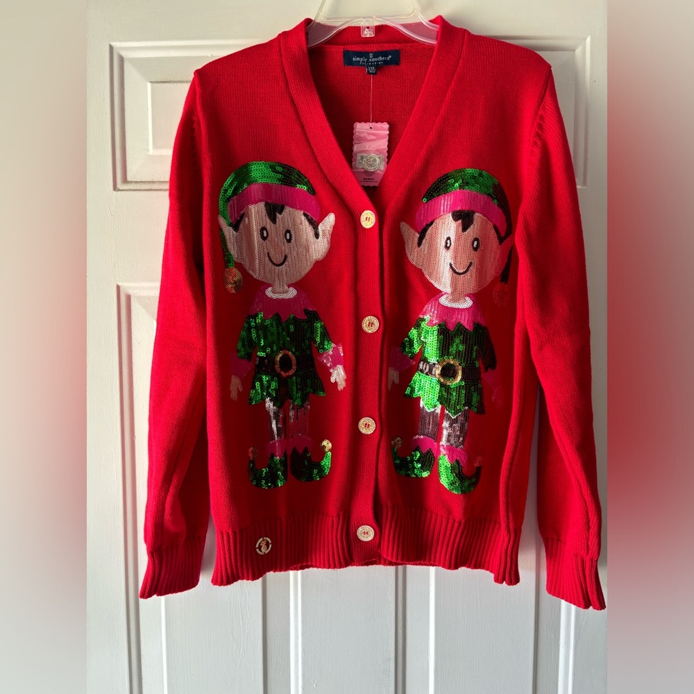 Simply Southern Vibrant Red SANTA'S HELPER ELF V Neck Sweater in XXL